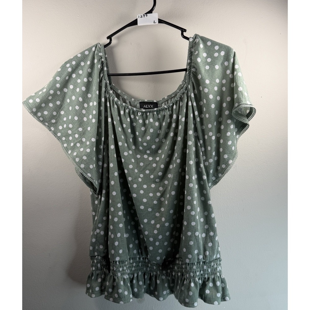 ALYX Women's Sage Green Large Polka‎ Dot Ruffle Sleeve Peasant Office Smocked